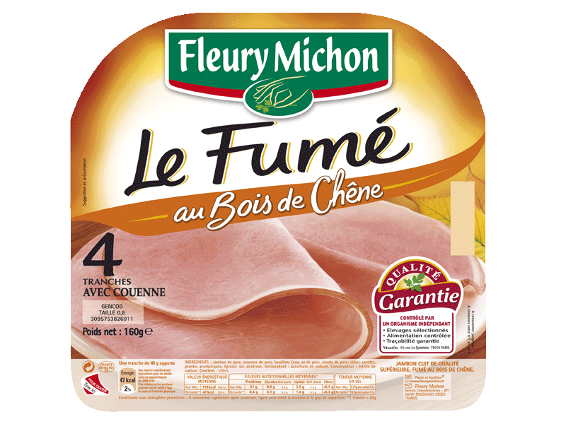 Jambon avec couenne Le Fume FLEURY MICHON, 4 tranches, 160g