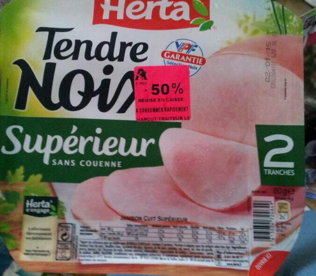 Herta Tendre Noix - Jambon supérieur sans couenne, sans gluten les 2 tranches - 80 g