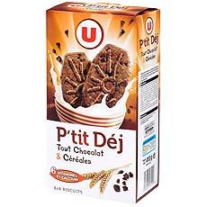 Biscuits P'tit Dej pepites de chocolat et cereales U, 410g