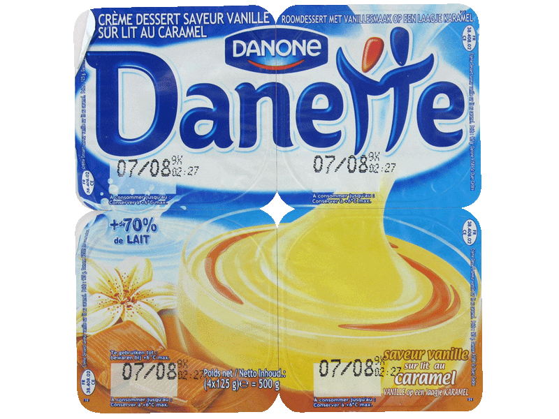 Danone, Danette - Creme dessert aromatisee saveur vanille sur lit au caramel, les 4 pots de 125 g